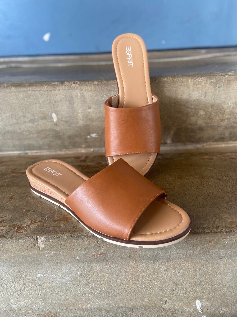 Esprit tan faux leather cork wrapped low edge slide sandal